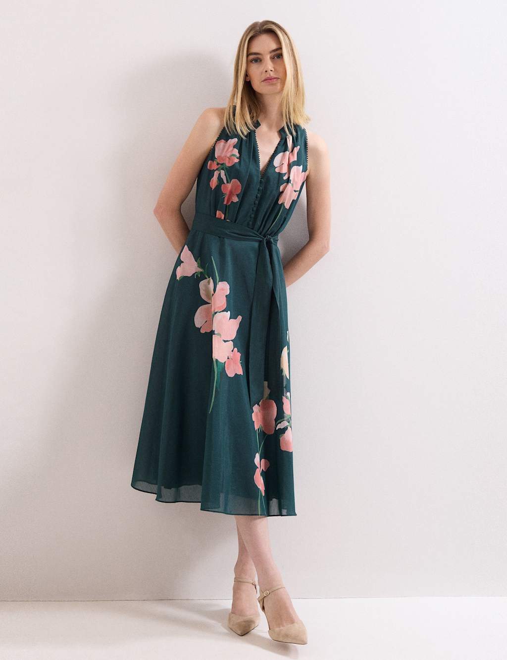 Phase Eight Floral V-Neck Midi Skater Dress Teal Mix