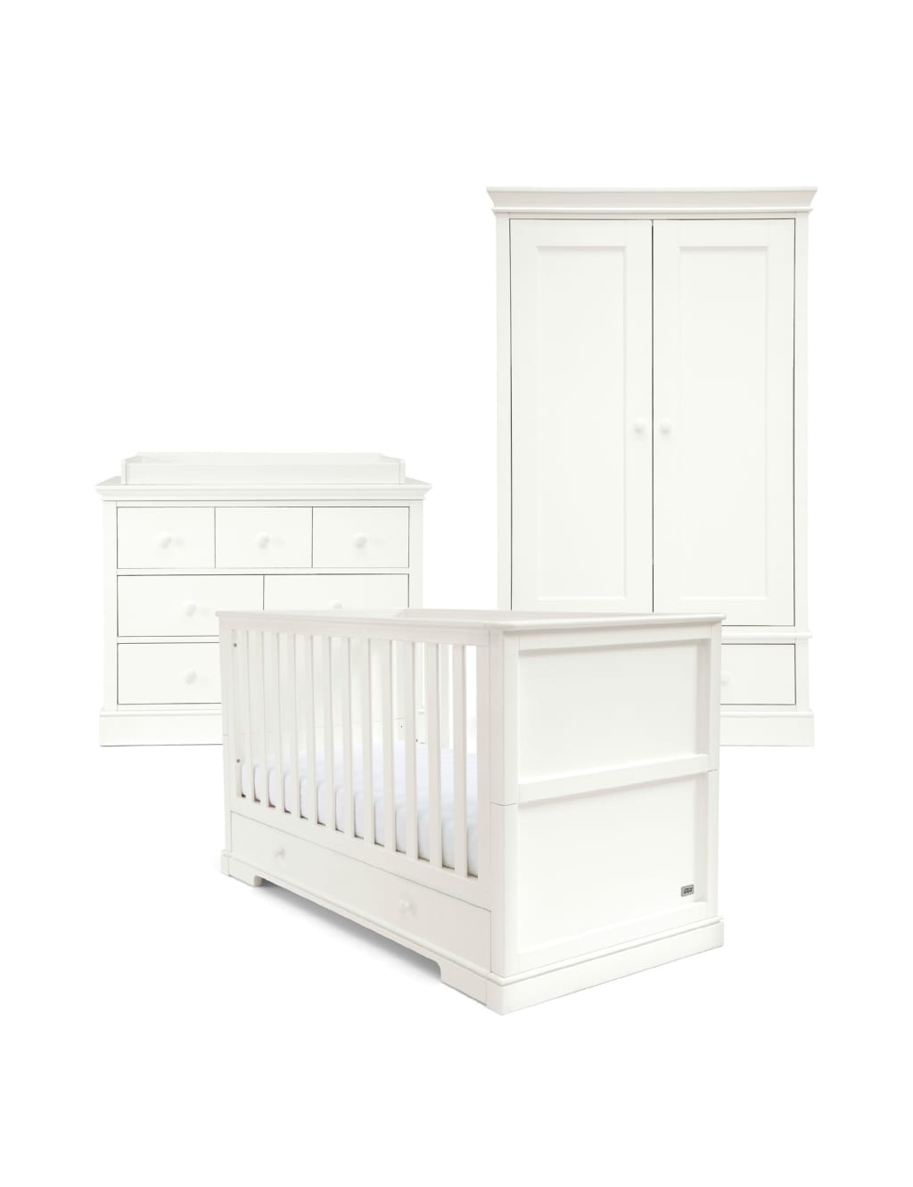 Mamas & Papas Oxford 3 Piece Cotbed Range with Dresser and Wardrobe White