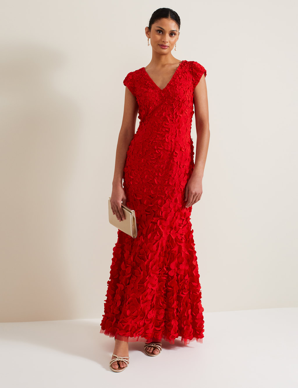Phase Eight Chiffon Applique Ruffle V-Neck Maxi Skater Dress Red