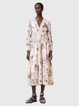 Allsaints Zora Floral Ruffle Midi Dress - White