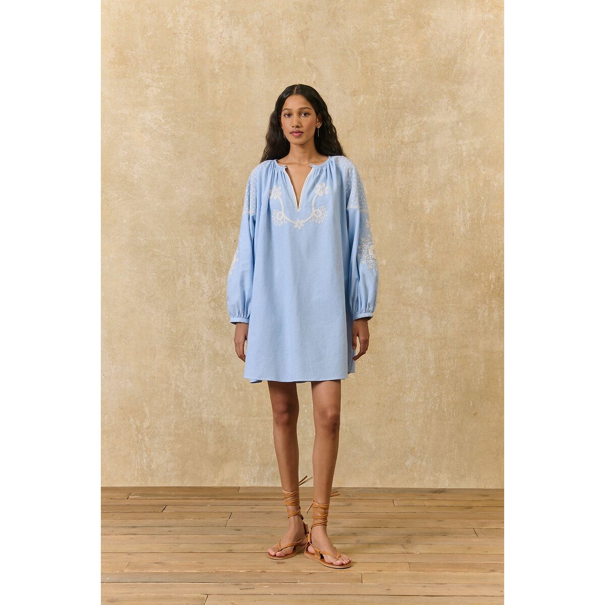 Janice Mini Dress with Embroidered Long Sleeves
