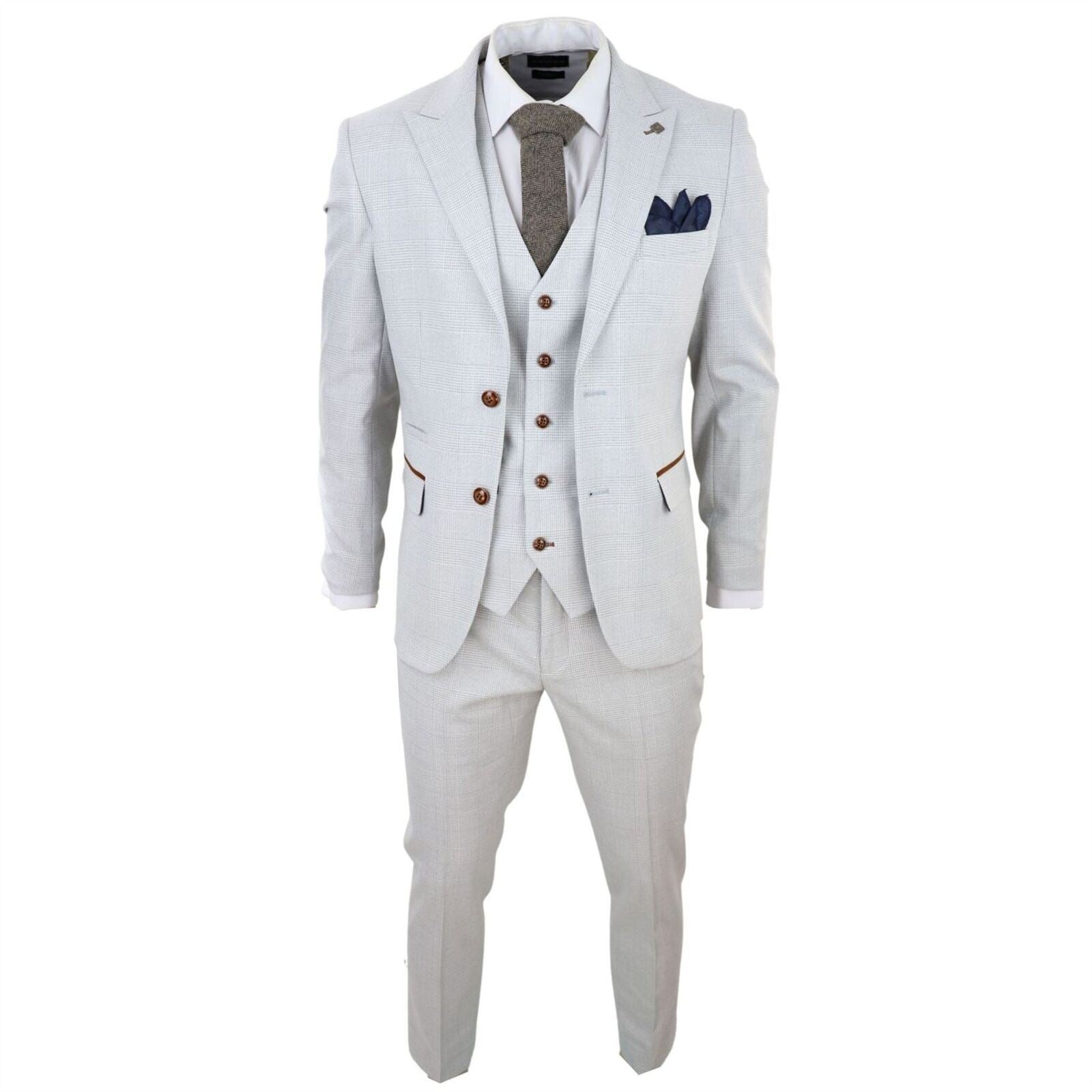 Paul Andrew Mens Grey Stone 3 Piece Tweed Check Suit - Cream - Size 46 (Chest)