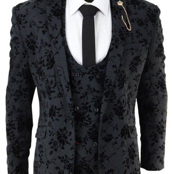 Infinity Leather Mens 3 Piece Black Paisley Velvet Dinner Suit - Size 36 (Chest)