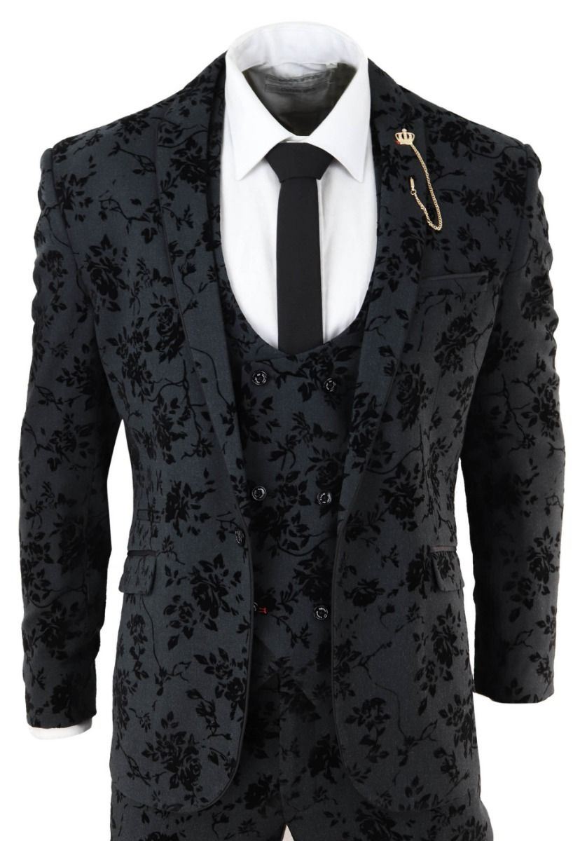 Infinity Leather Mens 3 Piece Black Paisley Velvet Dinner Suit - Size 36 (Chest)
