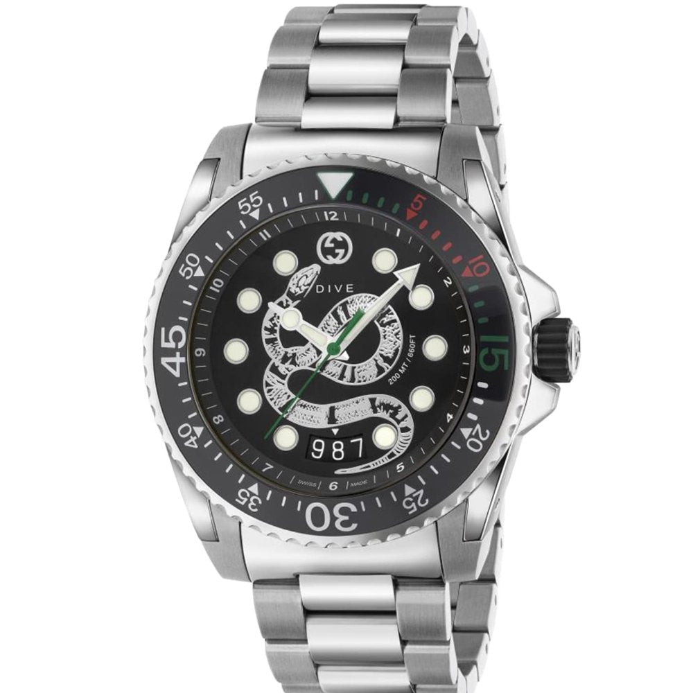 Gucci YA136218 Black Snake Dial Mens Watch - Silver Stainless Steel - One Size