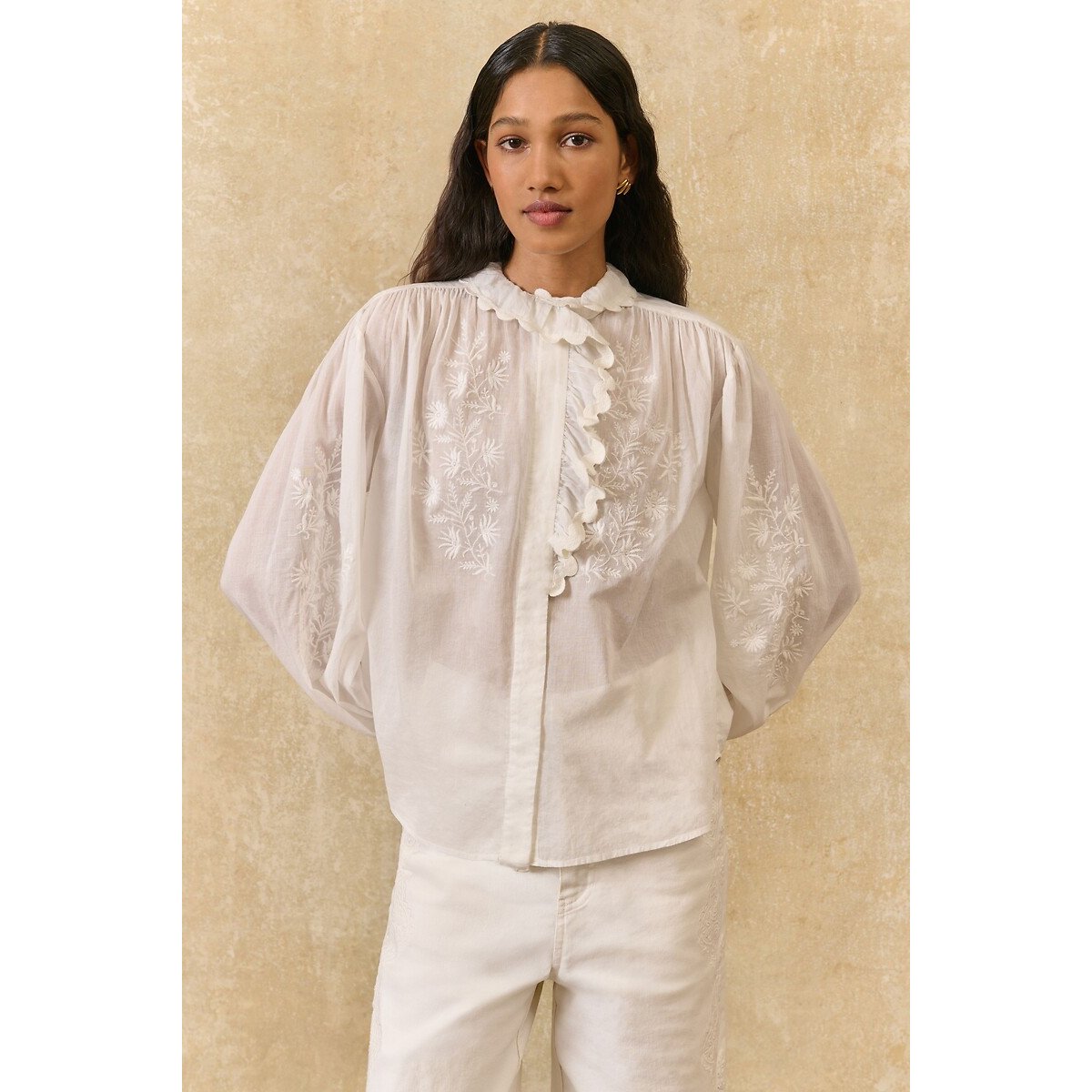 Cora Embroidered Blouse with Ruffled Peter Pan Collar and Long Sleeves