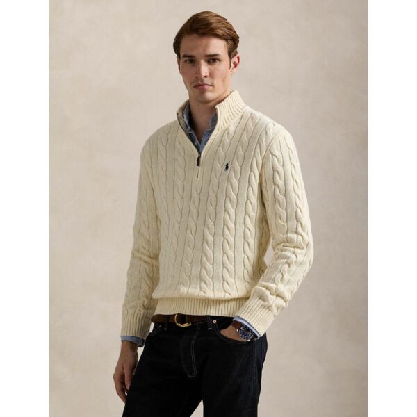 Half Zip-Up Jumper in Cable Knit Cotton