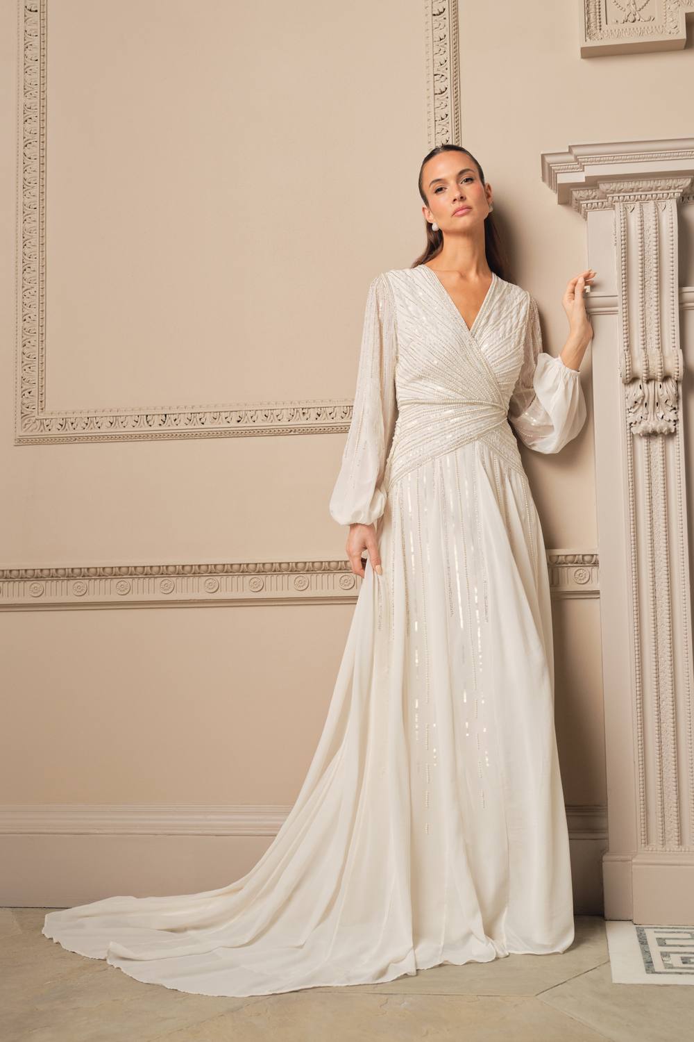 Coast Women's Long Sleeve Linear Embellished Wedding Dress in Ivory | Size: 12
