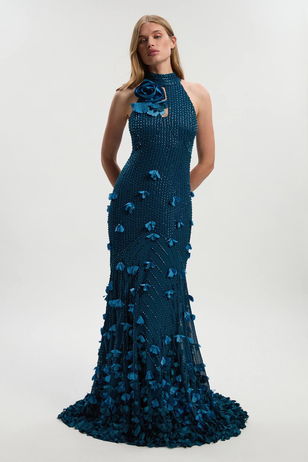 Karen Millen Women's Crystal Applique Woven Maxi Rosette Maxi Dress in Teal | Size: 6