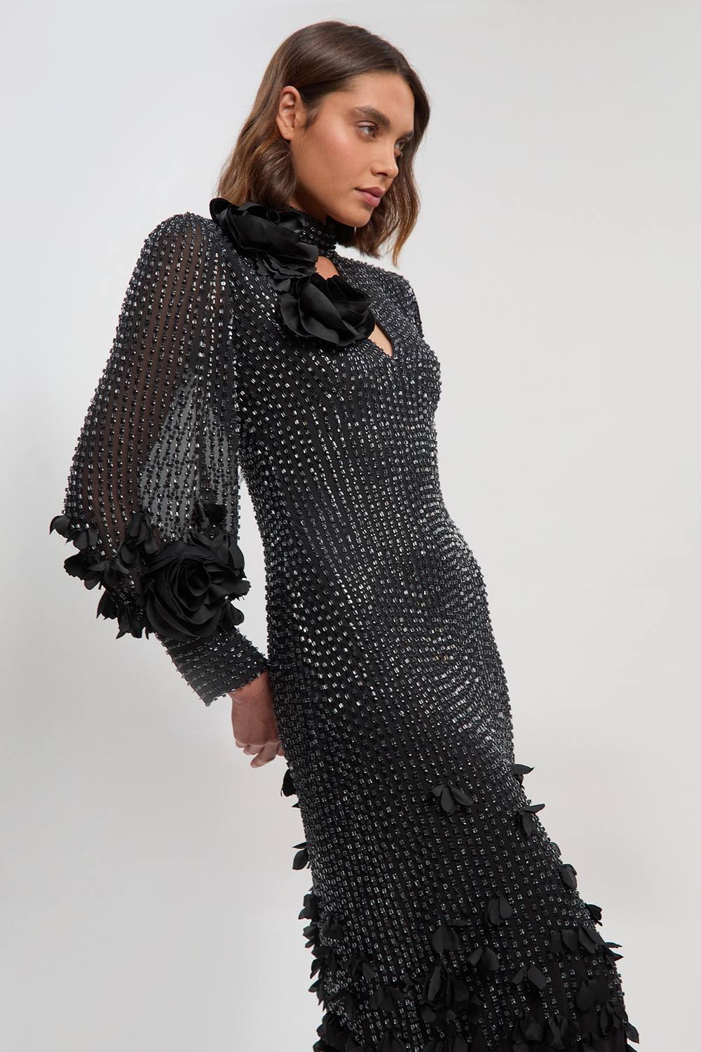 Karen Millen Women's Crystal Applique Woven Maxi Dress in Black | Size: 8