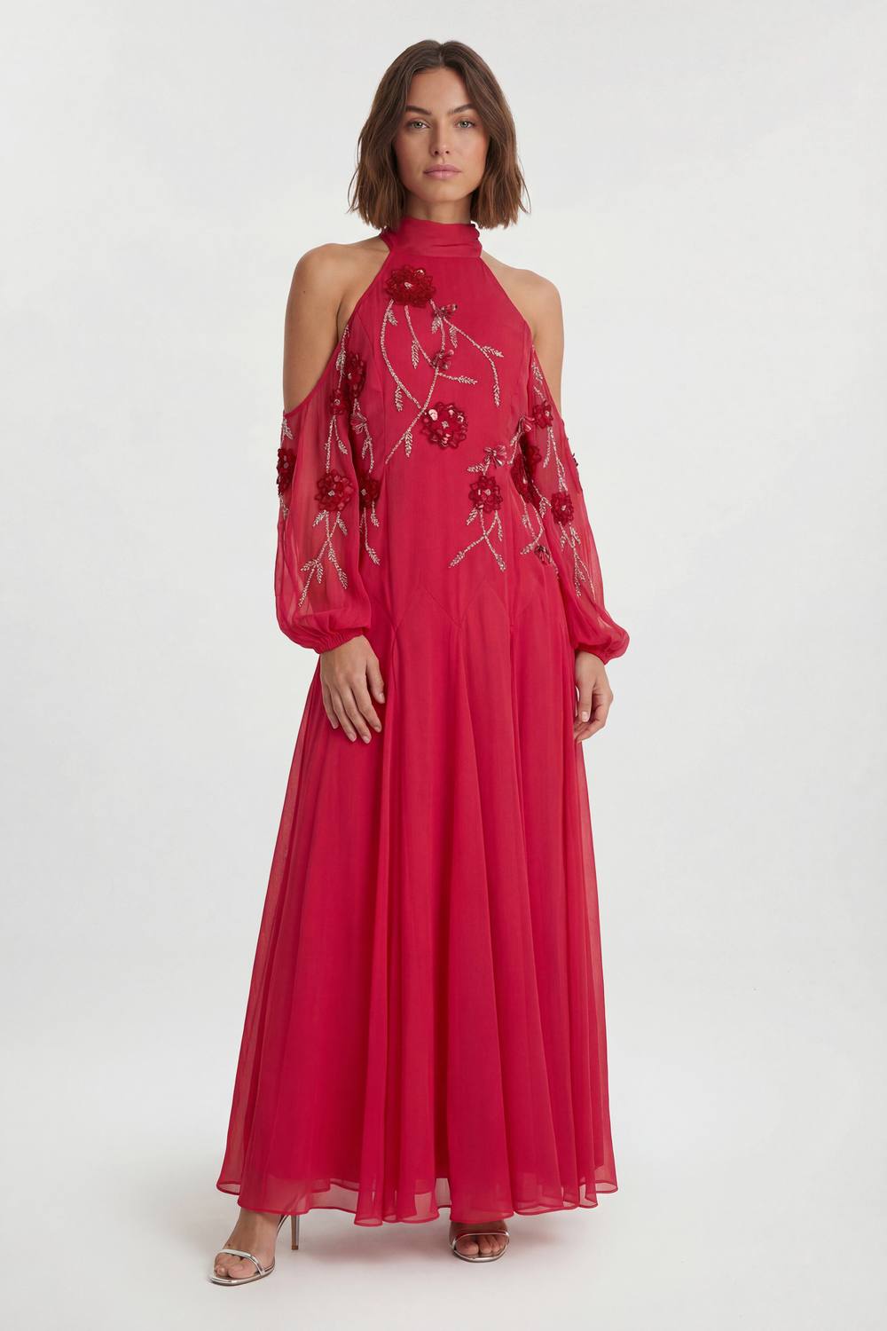 Karen Millen Women's Cold Shoulder 3D Floral Applique Woven Maxi Dress in Hot Pink | Size: 12