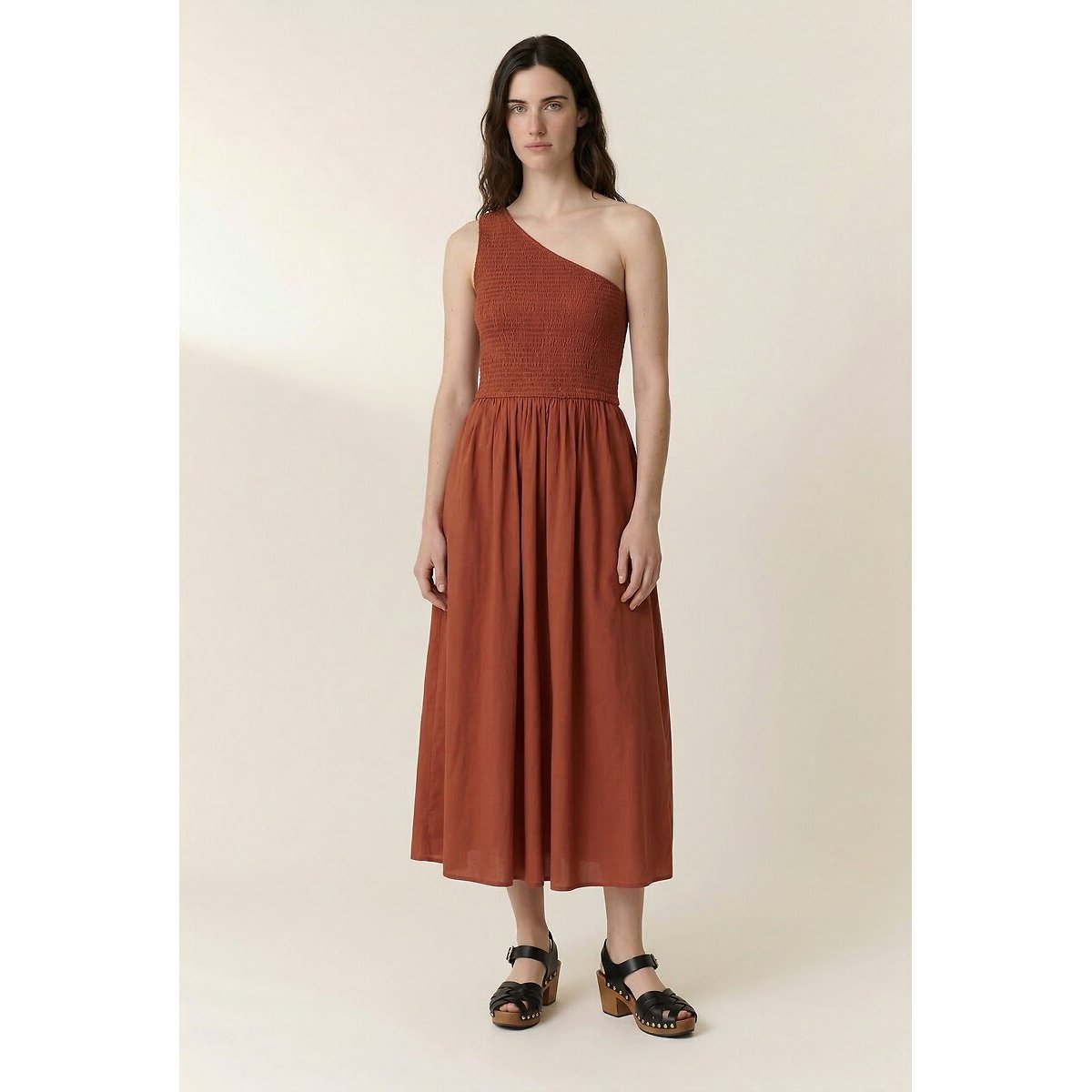 Rahul Asymmetric Midi Dress with Smocked Detail