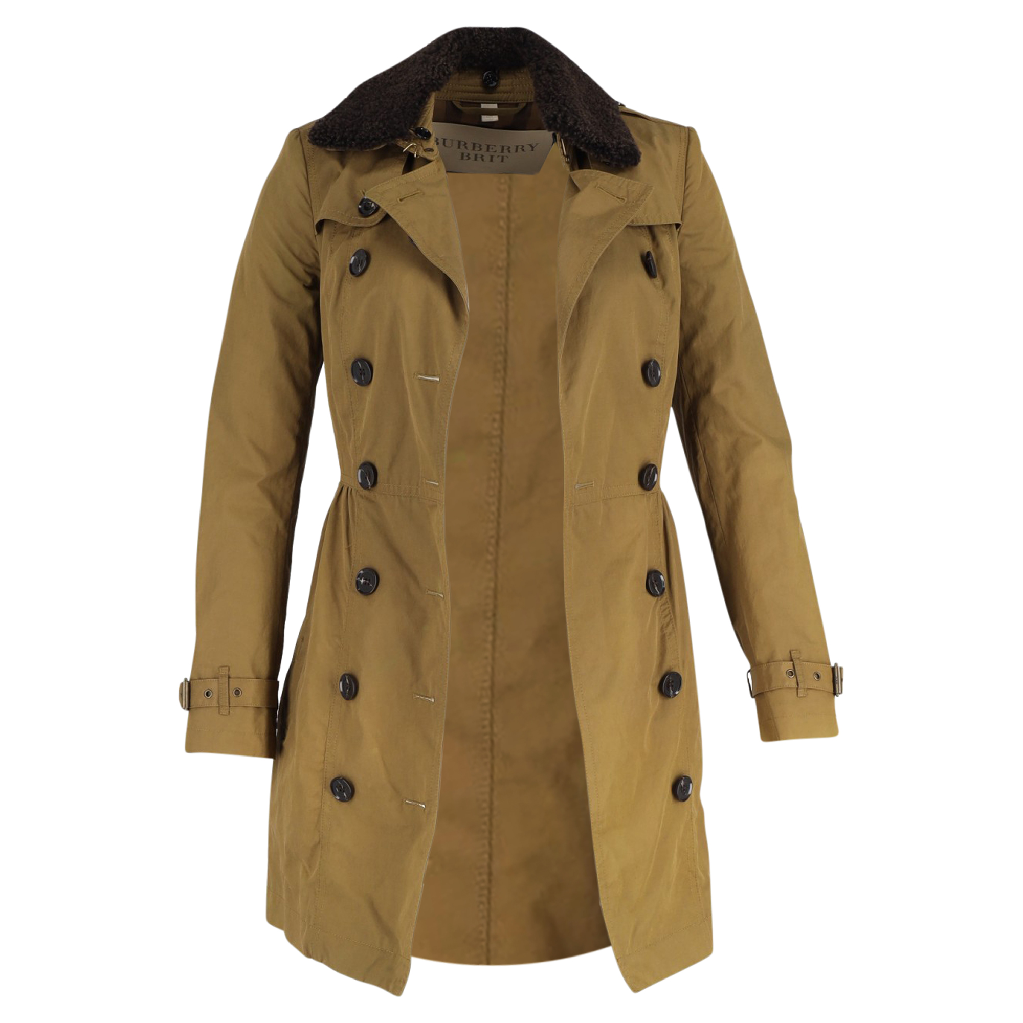 Burberry Pre-owned Womens Brit Long Shearling Collar Trench Coat in Olive Cotton - Mocha - Size 4 UK