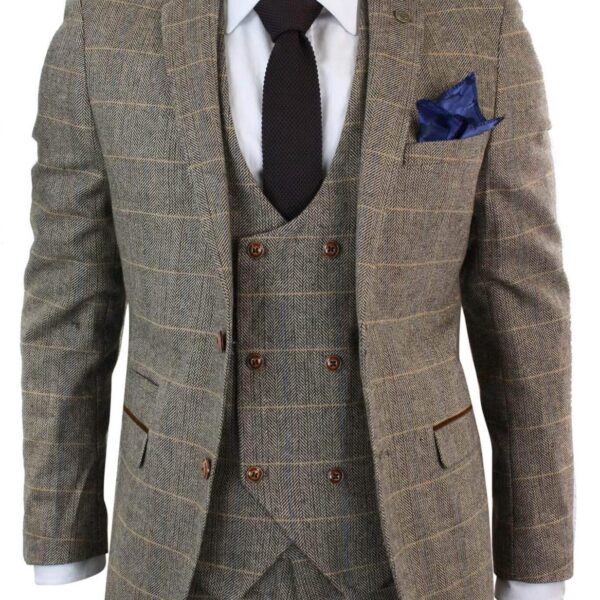 Infinity Leather Mens 3 Piece Tan Herringbone Tweed Check Suit - Size 42 (Chest)