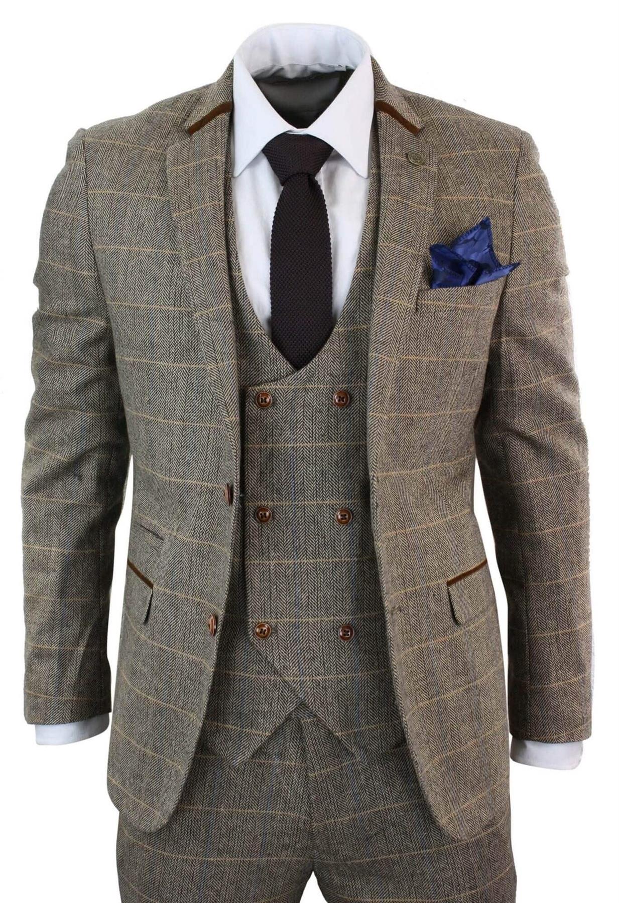 Infinity Leather Mens 3 Piece Tan Herringbone Tweed Check Suit - Size 42 (Chest)