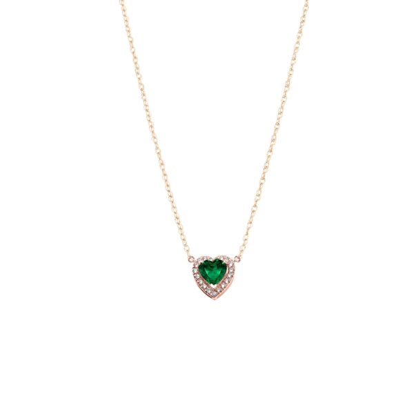 Green CZ & Diamond Elegant Heart Gemstone Pendant Necklace in 9ct Rose Gold