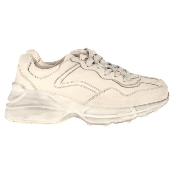 Gucci Women's Preloved Distressed Rhyton Sneakers in White Leather in Ecru | Size: 4.5