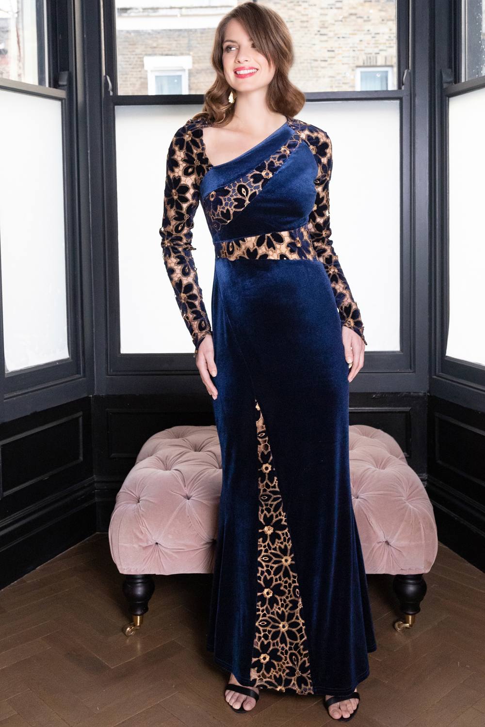 Hot Squash Women's Velvet Embroidered Gown in Navy | Size: 10