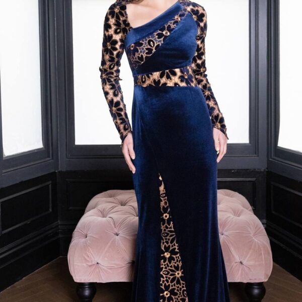 Hot Squash Women's Velvet Embroidered Gown in Navy | Size: 12