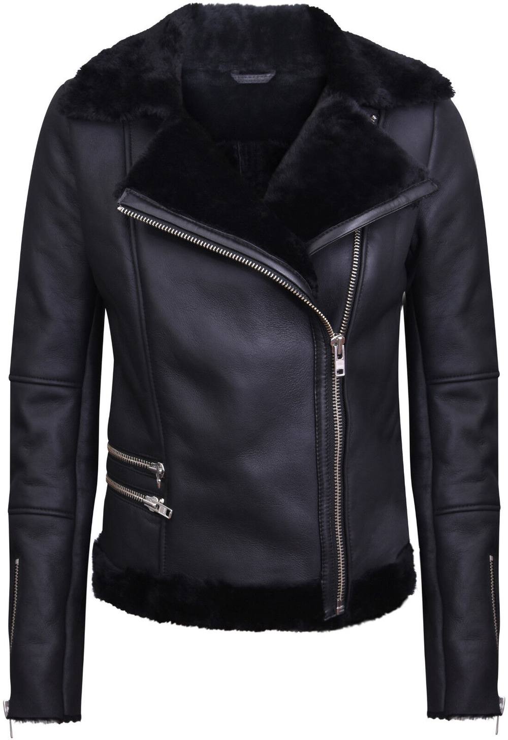 Infinity Leather Women's Shearling Sheepskin Aviator Jacket-Kiev in Black | Size: 22